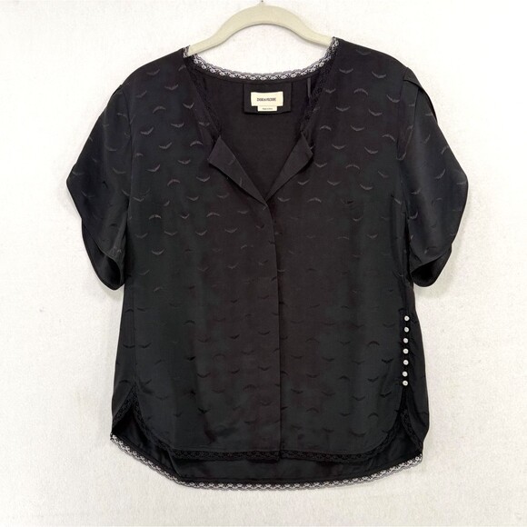 Zadig & Voltaire Blouse Women L Black Tiffiny Jac Wings Silk Lace Button Accent - Picture 1 of 14